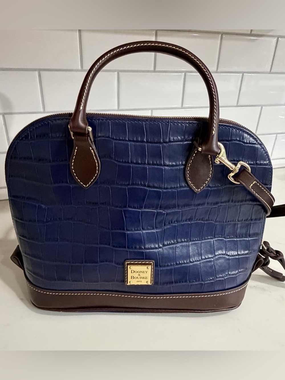 Dooney & Bourke Navy Croc Embossed Leather Dome Satchel